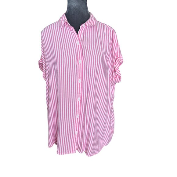 Beachlunchlounge Pink & White Striped Button-Up Collared Shirt L - Picture 1 of 5